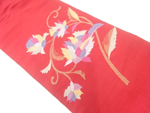 手織り紬花唐草模様織出し名古屋帯